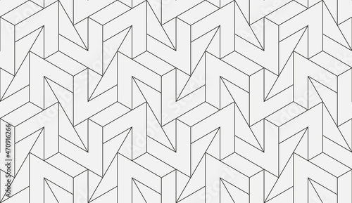 Pattern with thin lines and polygons forming a 3D surface. Vector abstract geometric diamond texture. Seamless linear pattern for fabric, textile and wrapping. Trendy monochrome background.