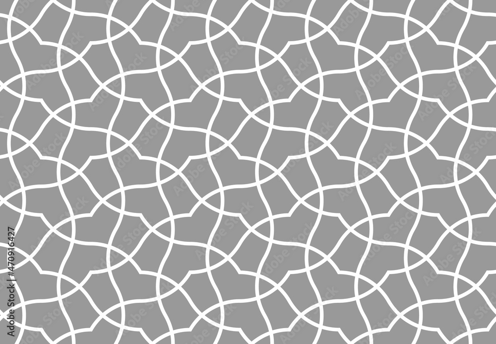 Pattern with intersecting wavy lines on grey background. Monochrome Seamless vector texture in Arabic style. Trendy design for textile, fabric, and wrapping. Stylish decorative lattice. Pattern with intersecting wavy lines on grey background. Monochrome Seamless vector texture in Arabic style. Trendy design for textile, fabric, and wrapping. Stylish decorative lattice.