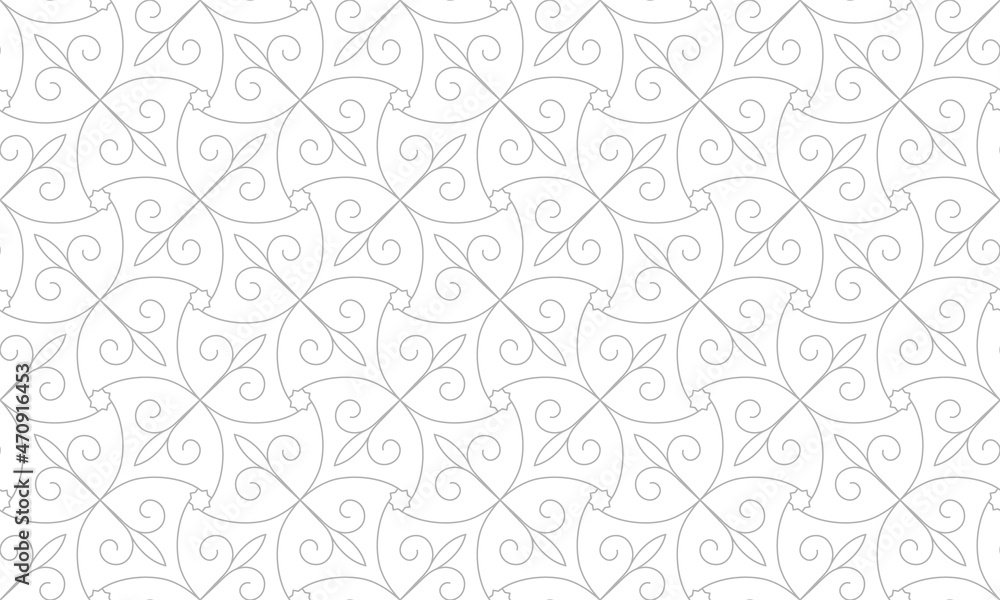 Pattern with arc lines, stars and scrolls on white background. Seamless Vector abstract floral design for swatches, fabric, wallpaper in Arabic style. Decorative lattice artwork.