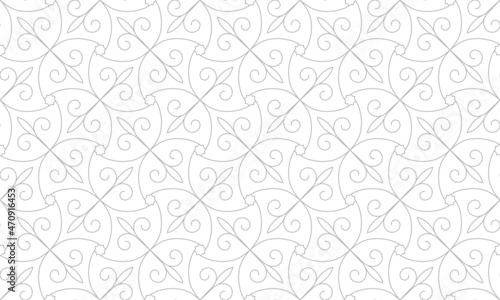 Pattern with arc lines  stars and scrolls on white background. Seamless Vector abstract floral design for swatches  fabric  wallpaper in Arabic style. Decorative lattice artwork.