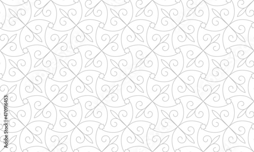 Pattern with arc lines, stars and scrolls on white background. Seamless Vector abstract floral design for swatches, fabric, wallpaper in Arabic style. Decorative lattice artwork.