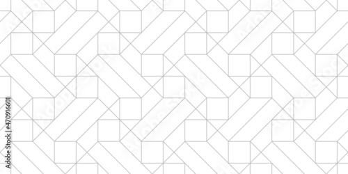 Pattern with thin straight grey lines and geometric shapes on white background. Seamless abstract monochrome linear design. Vector hexagonal background. Linear design for textile, wrapping, wallpaper.