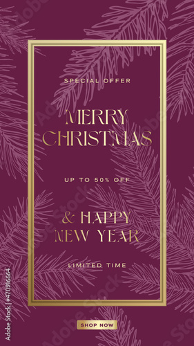 Christmas Greetings Social Media Poster or Post Card Layout with Hand Drawn Spruce Pine Branches Background and Golden Promo Copy Text. Holiday Purple Background Advertising Story Template