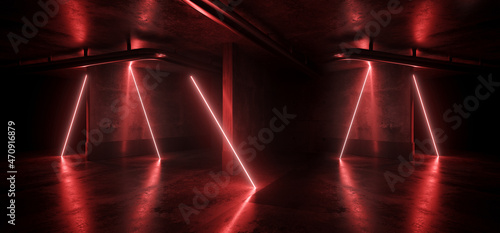 Fototapeta Naklejka Na Ścianę i Meble -  Neon Fluorescent Laser Lines Sci Fi Futuristic Metal Reflective Showroom Concrete Stage Podium Fashion Tunnel Corridor Hallway Garage Show Underground 3D Rendering
