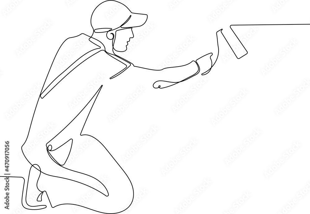 Continuous one line drawing of human hand holds paint brushes with paint can, floor painting, blank space for your text, banner, advertisement or your design minimal outline. Vector illustration Continuous one line drawing of human hand holds paint brushes with paint can, floor painting, blank space for your text, banner, advertisement or your design minimal outline. Vector illustration