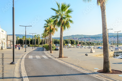 Coastal Road with Palm Trees on a Beautiful Sunny Day in Koper, Slovenia. People Walking Along the Marina.