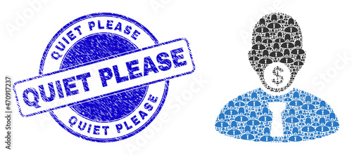 Vector hush money icon collage is designed with scattered recursive hush money pictograms. Quiet Please rubber blue round seal print. Recursive collage for hush money icon.