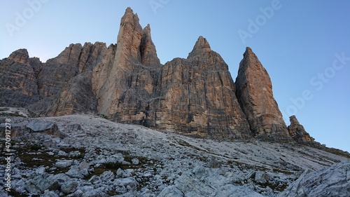 Tre Cime Di Lavaredo peaks in Dolomity national park in Italy