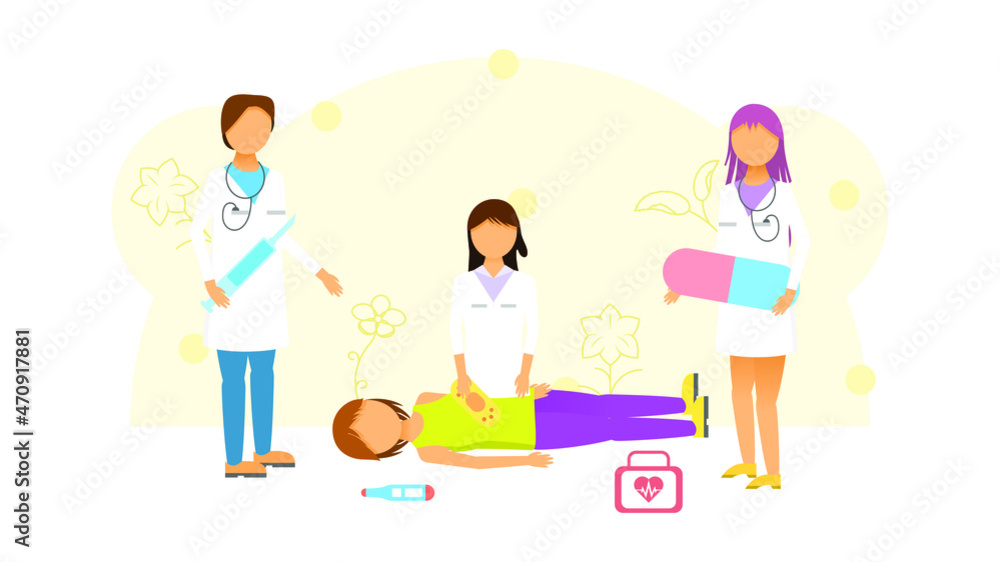 Abstract Flat Women And Man Doctor Help A Lying Person First Aid Cartoon People Character Concept Illustration Vector Design Style