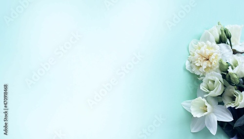 White daffodils on a light blue background. Spring flower arrangement. Background for a greeting card.