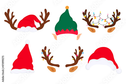 Christmas props. Photo booth set. Deer antlers, elf hat and ears, santa claus, gnome