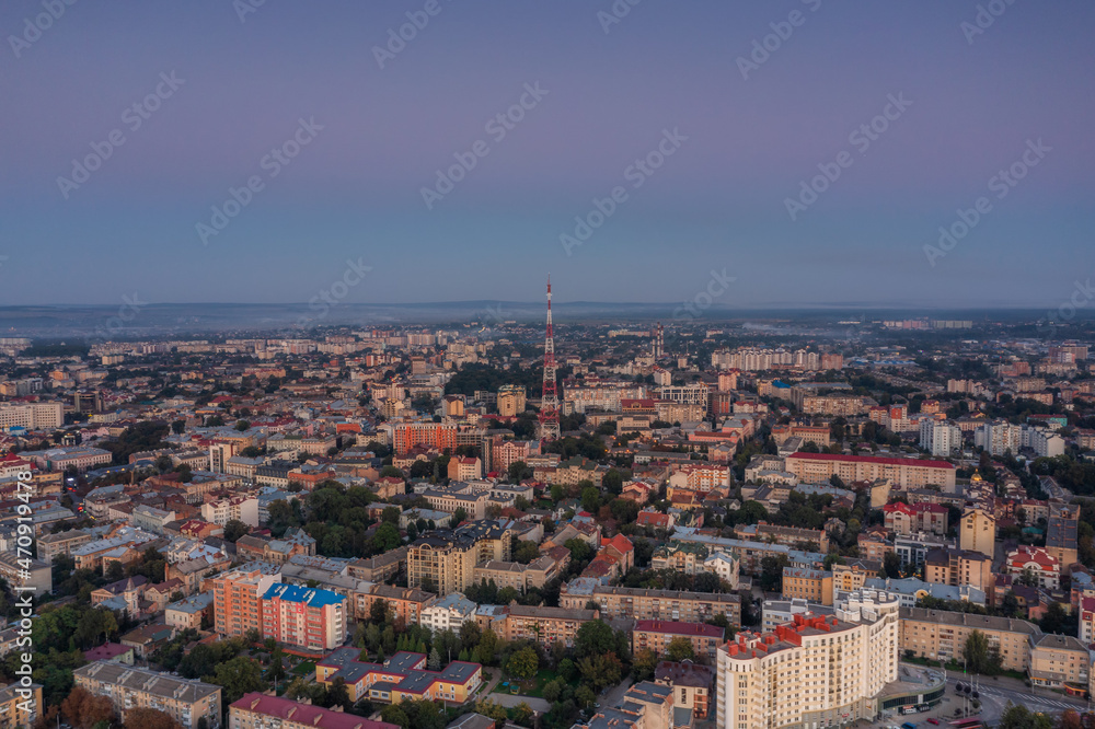Aerial view on Ivano-Frankivsk at sunset