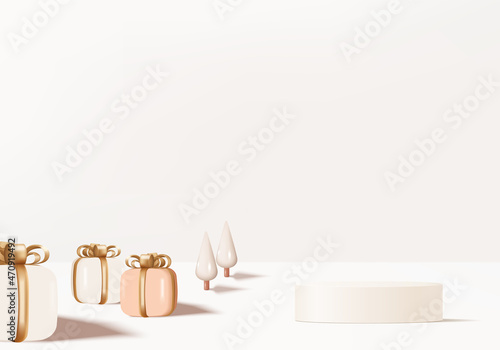 3d background gift box with white bow display product for Christmas. Product display background vector 3d rendering with minimal podium studio. stand for cosmetics on white gift box in new year 2022