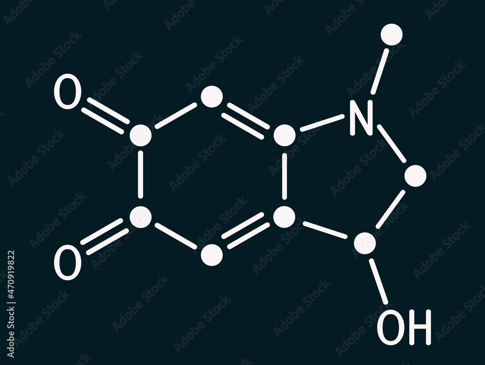 Adrenochrome, adraxone molecule. It is produced by the oxidation of adrenaline. on the dark blue background Adrenochrome, adraxone molecule. It is produced by the oxidation of adrenaline. on the dark blue background