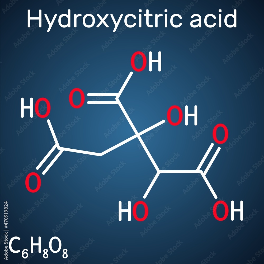 Hydroxycitric acid, HCA molecule. It is derivative of citric acid, is found in tropical plants. Structural chemical formula, dark blue background. Vector illustration Hydroxycitric acid, HCA molecule. It is derivative of citric acid, is found in tropical plants. Structural chemical formula, dark blue background. Vector illustration