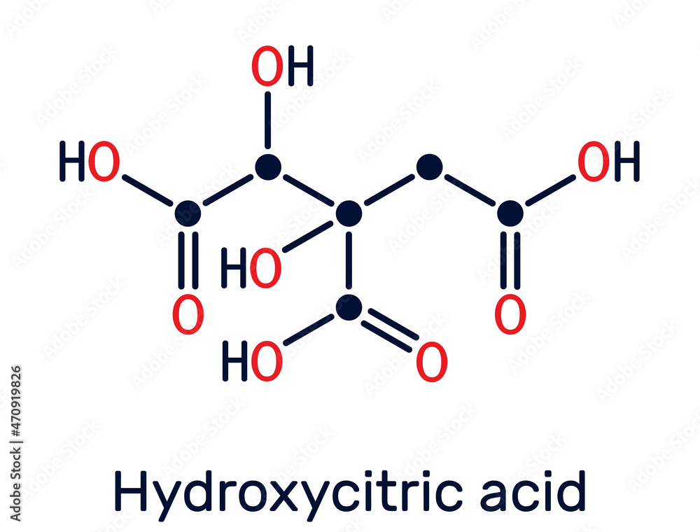 Hydroxycitric acid, HCA molecule. It is derivative of citric acid, is found in tropical plants Garcinia cambogia, Hibiscus sabdariffa. Skeletal chemical formula Hydroxycitric acid, HCA molecule. It is derivative of citric acid, is found in tropical plants Garcinia cambogia, Hibiscus sabdariffa. Skeletal chemical formula