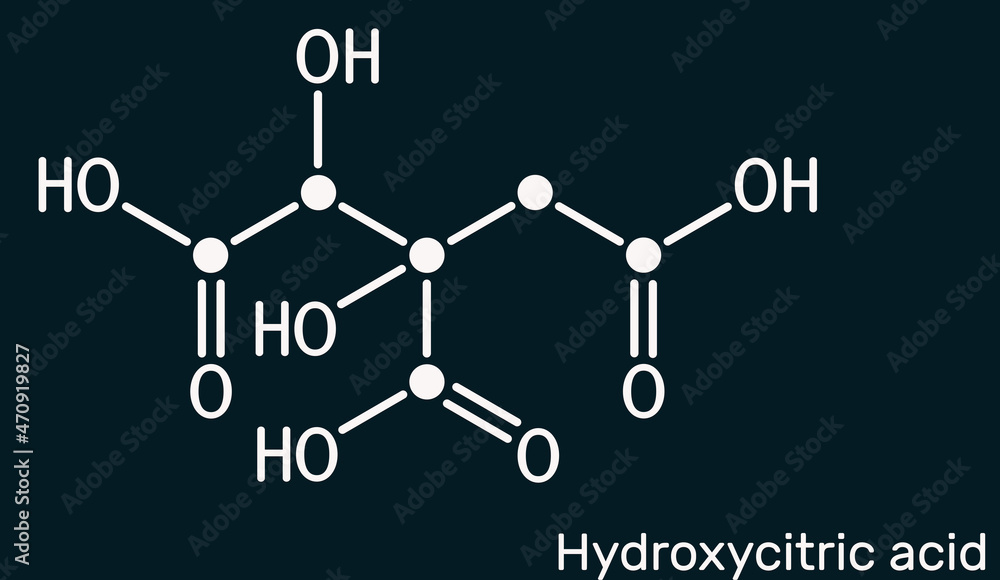 Hydroxycitric acid, HCA molecule. It is derivative of citric acid, is found in tropical. Skeletal chemical formula on the dark blue background Hydroxycitric acid, HCA molecule. It is derivative of citric acid, is found in tropical. Skeletal chemical formula on the dark blue background