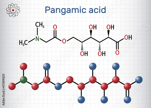 Pangamic acid, pangamate molecule. It is vitamin B15, ester derived from gluconic acid and dimethylglycine. Structural chemical formula and molecule model. Sheet of paper in a cage photo