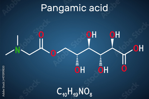 Pangamic acid, pangamate molecule. It is vitamin B15, ester derived from gluconic acid and dimethylglycine. Structural chemical formula on the dark blue background. Vector illustration
