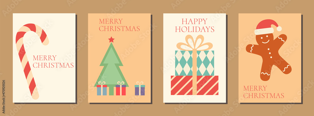 Merry Christmas and happy holidays greeting card. Set with Christmas tree, gift box, candy canes, gingerbread man. Vector illustration in vintage style.
