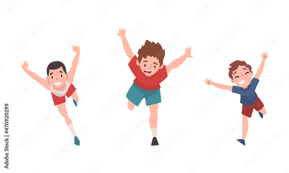 Smiling Kid Running with Outstretched Arms Vector Set