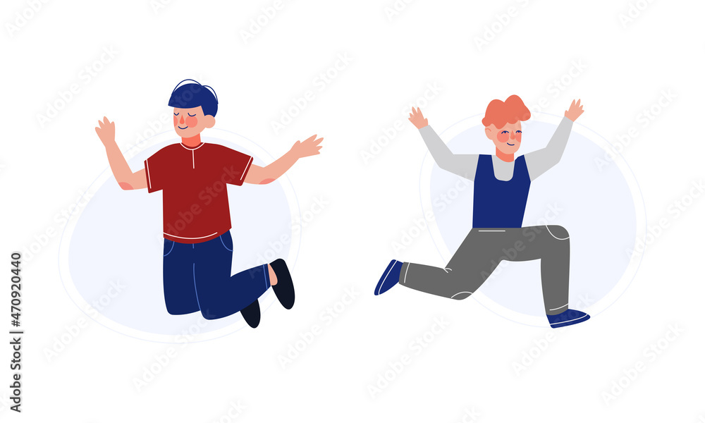 Positive Boy Jumping with Joy and Excitement Rejoicing Vector Set Positive Boy Jumping with Joy and Excitement Rejoicing Vector Set