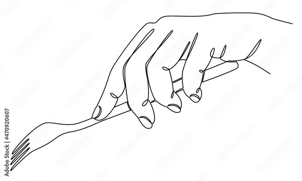 Silhouettes of a man's hand holding a fork in a modern one line style. Continuous line drawing, aesthetic outline for home decor, posters, wall art, stickers, logo. Vector illustration. Silhouettes of a man's hand holding a fork in a modern one line style. Continuous line drawing, aesthetic outline for home decor, posters, wall art, stickers, logo. Vector illustration.