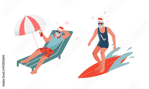 Santa Claus in Red Hat Surfboarding and Sunbathing on Sunbed Drinking Cocktail Vector Set