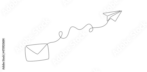 One continuous line drawing of flying Paper plane and mail. Sending letter and message in simple linear style. Concept of business metaphor and creative idea. Editable stroke. Vector illustration