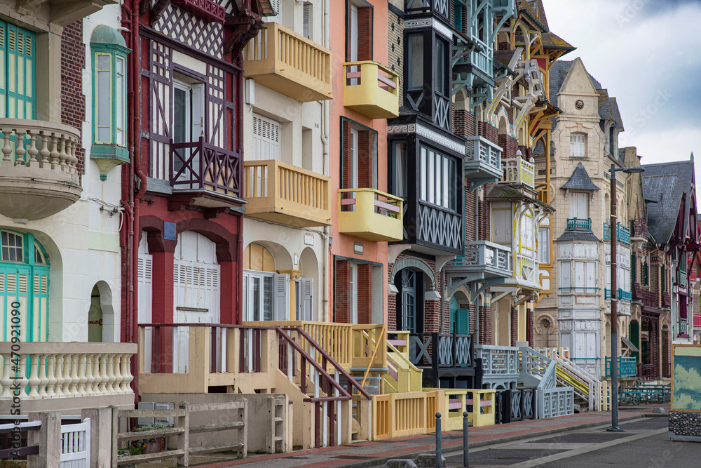 Old, colourful and typical seaside houses in the town of Mer-les-Bains in France