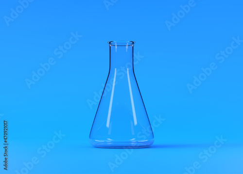 Empty erlenmeyer flask on blue background. Chemistry flask, Laboratory glassware, equipment. Minimal concept. 3d rendering illustration