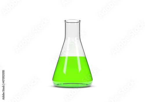 Erlenmeyer flask with green liquid isolated on white background. Chemistry flask, Laboratory glassware, equipment. Minimal concept. 3d rendering illustration