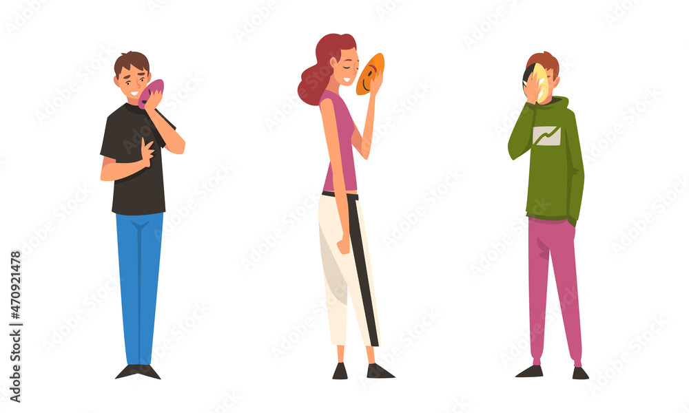 Fototapeta premium Young Man and Woman Holding Emotion Mask Hiding Personality or Individuality Vector Set