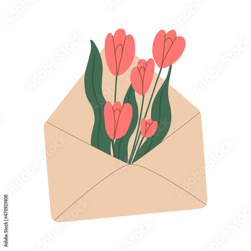 Flowers in an envelope. Romantic date, relationship concept. Composition or sticker design elements. Colored flat vector illustration isolated on white background.