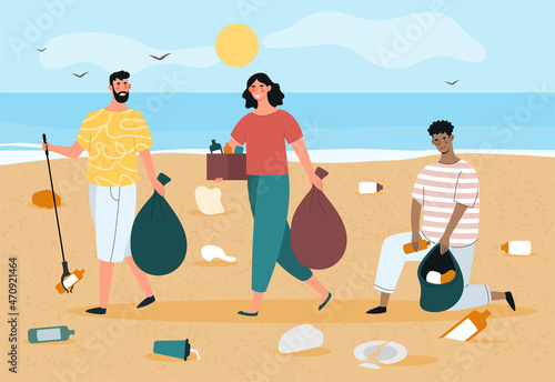 People cleaning beach. Characters cleaning up trash. Group of friends with bags picks up bottles and pieces of paper. Caring for nature, ecology, biology, activists. Cartoon flat vector illustration