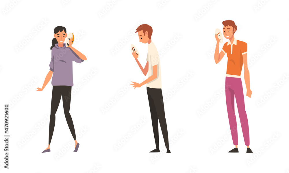 Fototapeta premium Young Man and Woman Holding Emotion Mask Hiding Personality or Individuality Vector Set