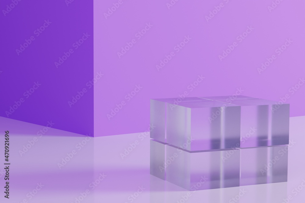 abstract minimalistic background with geometric shapes, podium glass cube on purple background. Beauty mockup for advertising cosmetic products abstract minimalistic background with geometric shapes, podium glass cube on purple background. Beauty mockup for advertising cosmetic products
