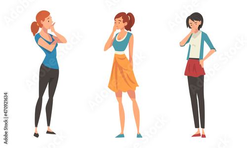 Thoughtful Woman Character Scratching Head Having Question Thinking Over the Matter Vector Set