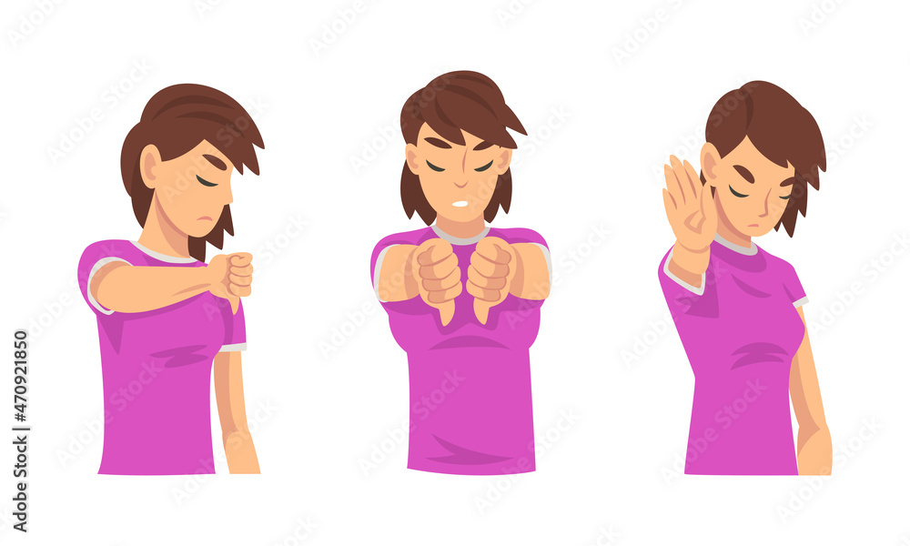 Young Woman Showing Thumb Down and Stop Gesture with Her Palm Hand Vector Set Young Woman Showing Thumb Down and Stop Gesture with Her Palm Hand Vector Set