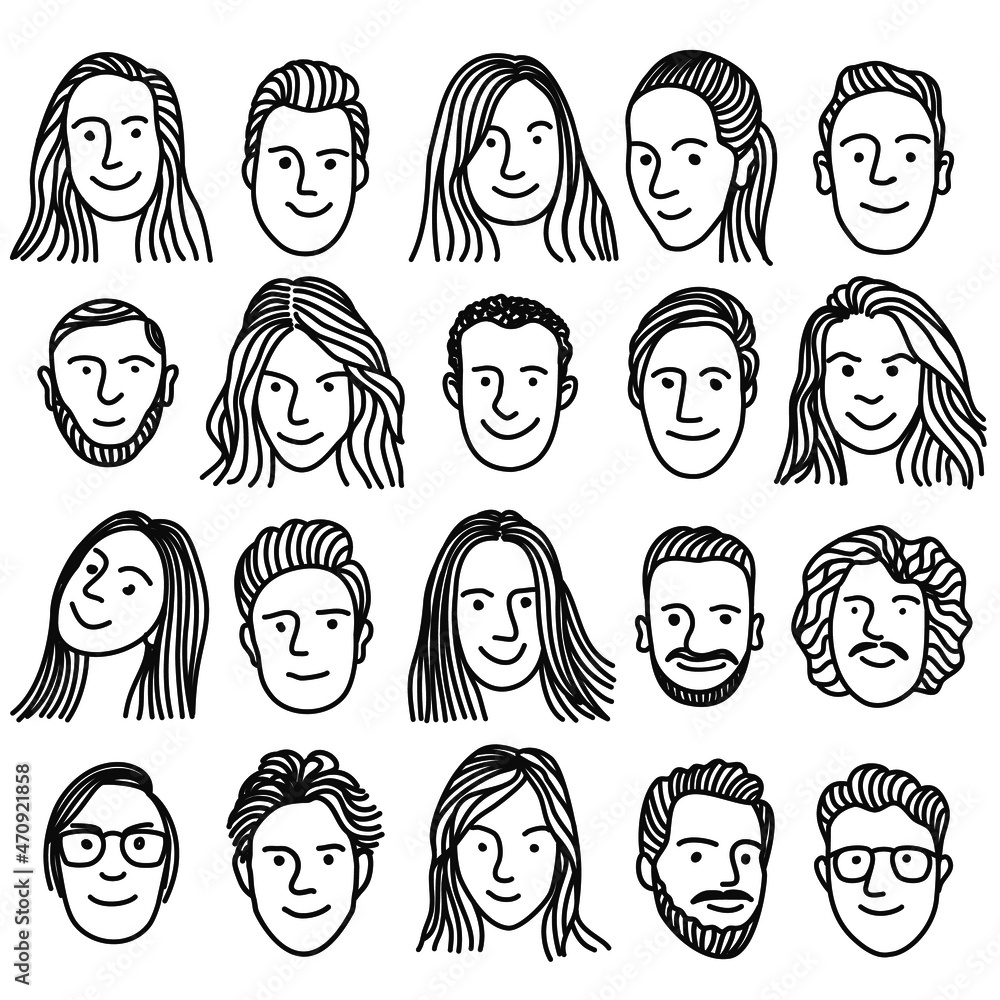 set of Hand drawn line happy people faces of different genders, Design element for icon, logo, poster, card, banner, emblem, t shirt. Vector illustration set of Hand drawn line happy people faces of different genders, Design element for icon, logo, poster, card, banner, emblem, t shirt. Vector illustration