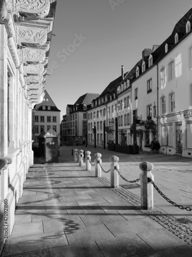 Luxembourg old town black white street view