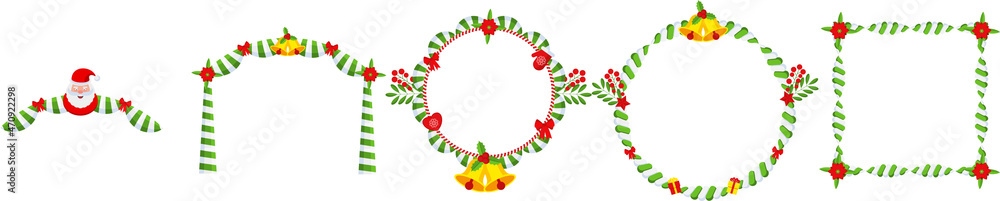 Set of Christmas garlands with red bow and strip ribbon.