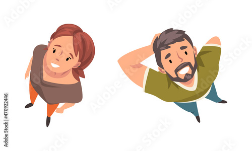 Man and Woman Character Looking Up View from Above Vector Set