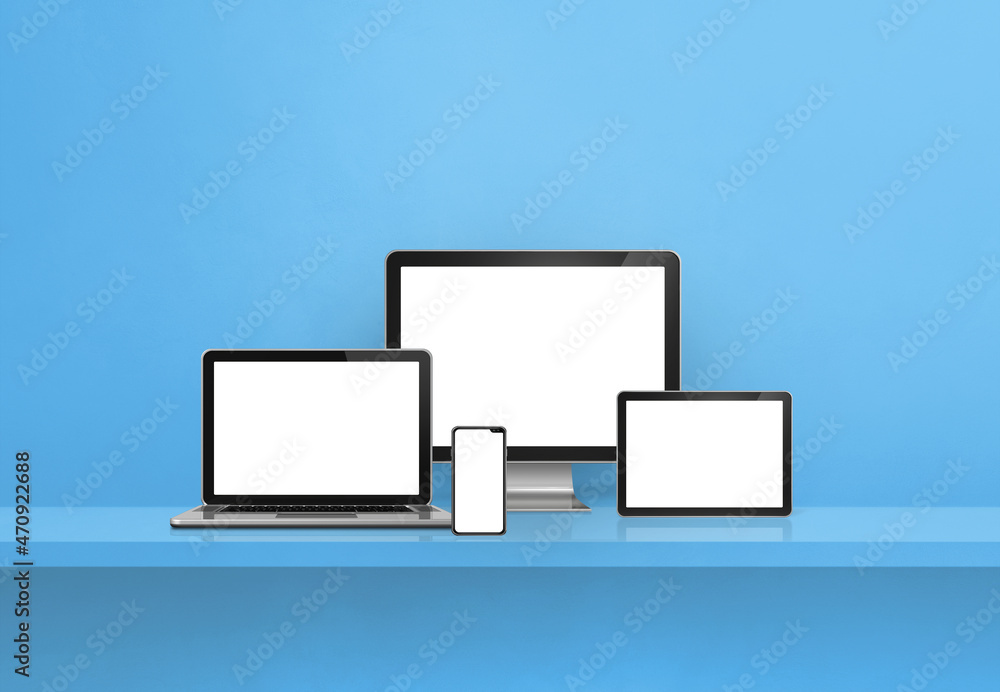 Computer, laptop, mobile phone and digital tablet pc. blue shelf banner Computer, laptop, mobile phone and digital tablet pc. blue shelf banner