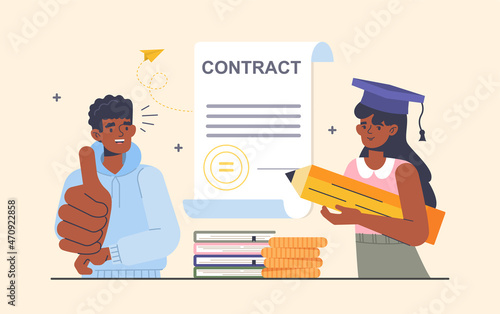 Investment in education. Man and girl devote time to gaining new knowledge, selfdevelopment, and obtaining useful skills. Characters face contract with institute. Cartoon flat vector illustration