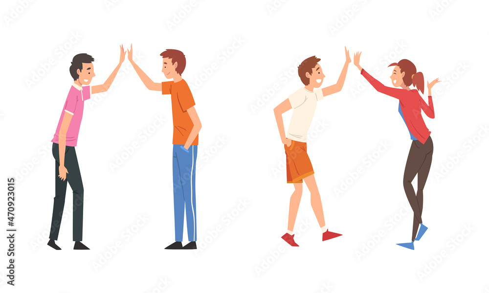 Fototapeta premium Cheerful Man and Woman Character Giving High Five Hand Gesture Greeting or Supporting Each Other Vector Set