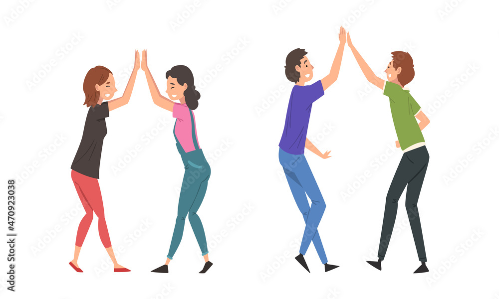 Obraz premium Cheerful Man and Woman Character Giving High Five Hand Gesture Greeting or Supporting Each Other Vector Set