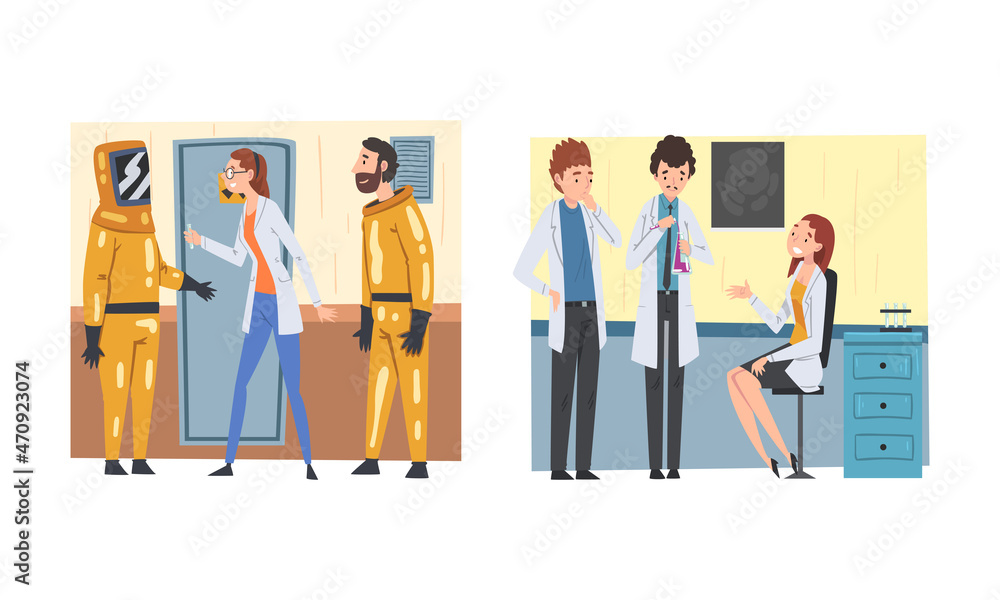 Man and Woman Scientist in Coat Working in Laboratory with Chemical in Flask Vector Set Man and Woman Scientist in Coat Working in Laboratory with Chemical in Flask Vector Set