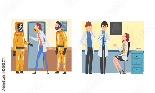 Man and Woman Scientist in Coat Working in Laboratory with Chemical in Flask Vector Set © topvectors
