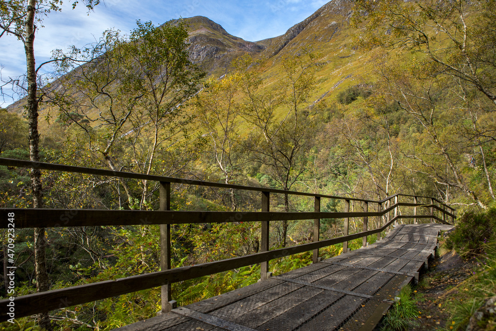Walkway in the Nevis Gorge near Steall Falls in the Scottish Highlands, UK. Walkway in the Nevis Gorge near Steall Falls in the Scottish Highlands, UK.